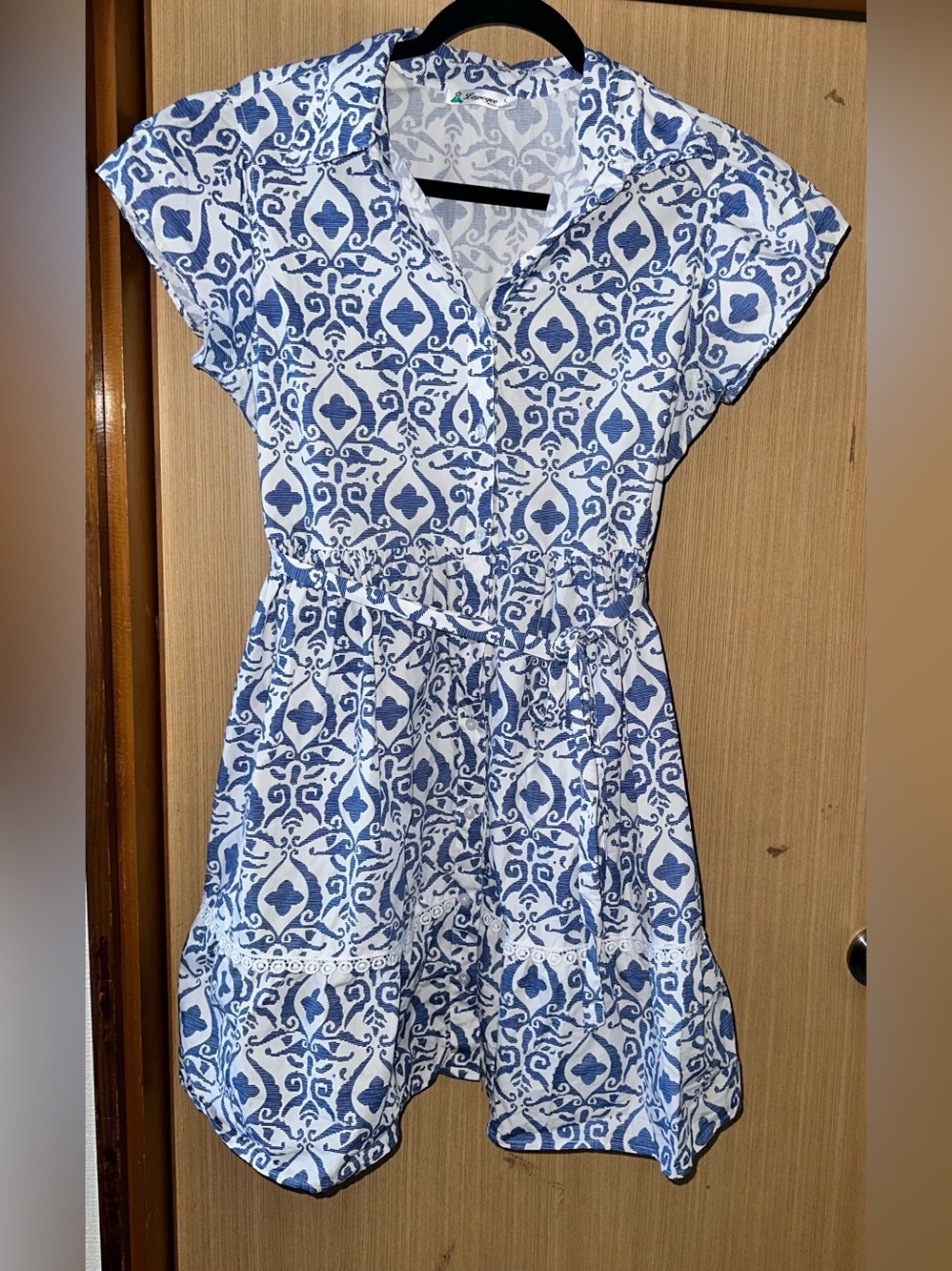 Blue and White Tile-Print Summer Dress